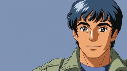 Anime young man portrait, neutral expression, gray background, profile illustration, character design