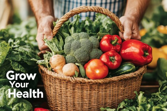 A vintage-style poster of a farmer holding a basket of fresh produce with bold retro typography reading â€œGrow Your Healthâ€ and soft, muted colors evoking nostalgia