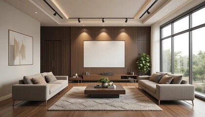 Fototapeta premium Modern Living Room Interior Design With Large Window