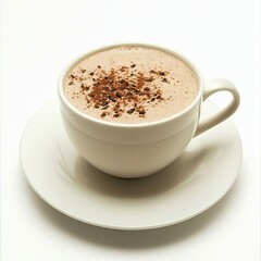 Obraz premium Hot chocolate in cup, saucer, white background; cozy drink