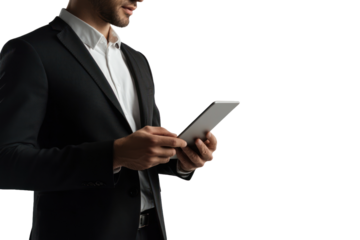 A creative portrait of a businessman holding a tablet, isolated on white with soft shadows adding depth, isolated on a transparent background. Cutout.