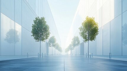 Serene Urban Landscape with Trees and Modern Building Architecture