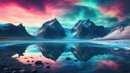 Obraz premium A serene Arctic landscape featuring dramatic ice formations and floating icebergs reflected in still water.