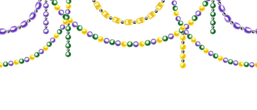 Green, purple, yellow bead garland in colors of Mardi Gras festival watercolor horizontal seamless banner isolated background. Glass necklace pattern. Hand painted illustration for carnival decor.