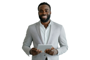 A dynamic image of a male engineer holding a tablet and smiling confidently, isolated on a clean white background, isolated on a transparent background. Cutout.