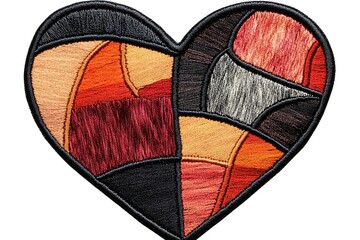 Patchwork heart-shaped textile art in warm tones.