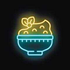 Neon icon of a bowl of food topped with a sprig of fresh herbs glowing on a dark background