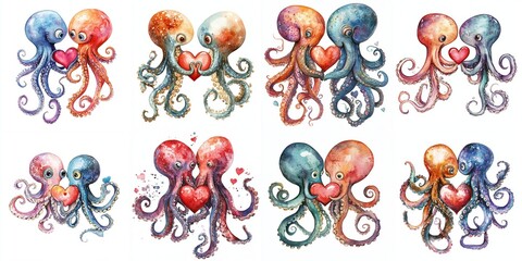 Watercolor Octopus Couple in Love Holding Hearts - Adorable watercolor painting of octopus couples expressing love, symbolizing affection, unity, connection, and marine life.
