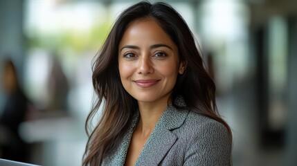 Professional woman smiling confidently in a modern office environment with soft lighting