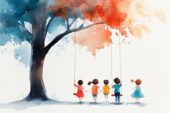 A whimsical watercolor of children playing under a large tree, with a swing hanging from one branch and the benefits of nature and community depicted in warm, inviting hues