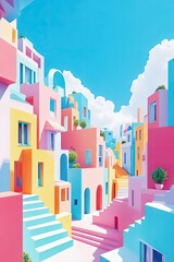 Fototapeta premium Brightly colored buildings create whimsical atmosphere under vib