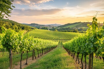 Fototapeta premium Vineyard at sunset, rolling hills and green vines