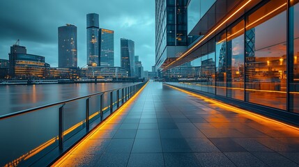 Fototapeta premium Modern Cityscape at Dusk with Urban Skyline Reflections on Water