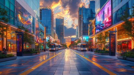Obraz premium Vibrant City Street at Sunset with Modern Buildings and Buses