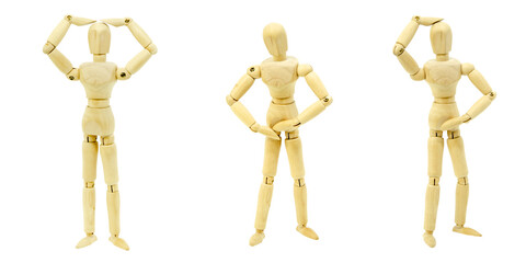 set wooden men in different poses isolated on white background. mannequin holds his head and stomach