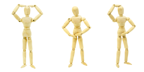 set wooden men in different poses isolated on white background. mannequin holds his head and stomach