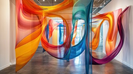 Colorful fabric art installation in gallery with curved multicolored textiles