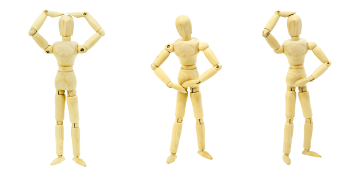 set wooden men in different poses isolated on white background. mannequin holds his head and stomach