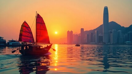 Serene Sunset Sailboat Journey Across Calm Waters, Silhouetted Cityscape in the Distance