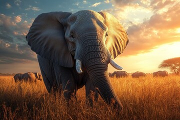 Fototapeta premium Majestic elephant at sunset in African savanna