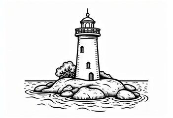 Minimalist Lighthouse Line Art, Coloring Page, Monochrome Drawing, Simple Cute Kawaii, Flat Abstraction, White Background, Flat Lay, Animation Style.

