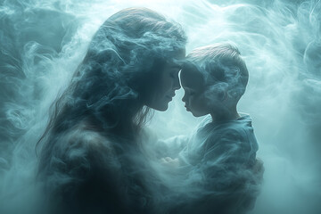 Fototapeta premium A serene and ethereal depiction of white mist forming the shape of a mother and son embracing, set against a soft, atmospheric background.