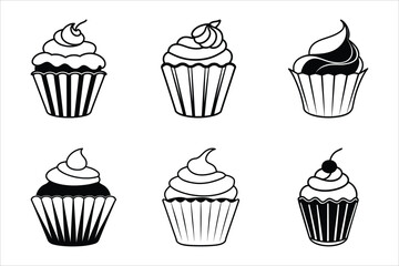 Cupcake set vector illustration design, Cupcake silhouette vector art, Cupcake line art vector icon design