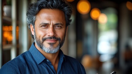 Fototapeta premium Confident man smiling in a modern caf? setting with warm lighting and blurred background