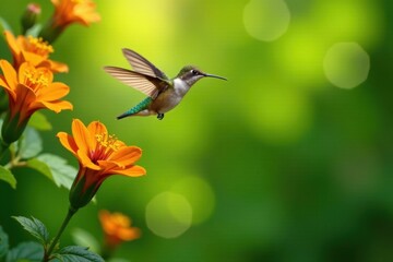 Obraz premium A tiny hummingbird in flight, hovering near vibrant orange blossoms, a picturesque moment captured in nature's splendor.