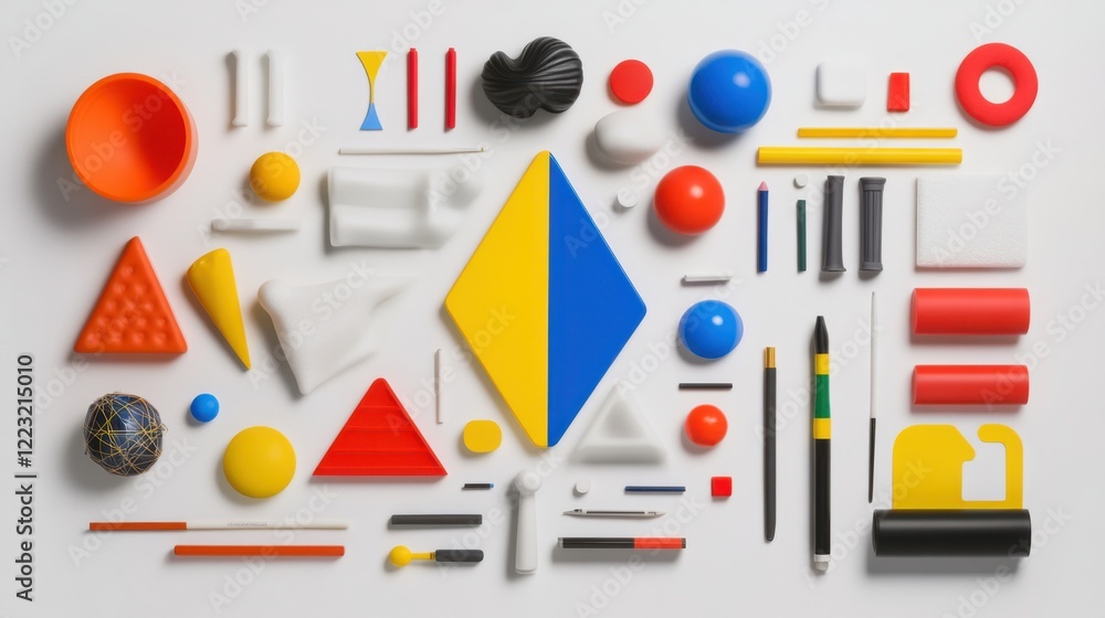 Poster colorful geometric shapes and objects arranged on a white background, showcasing design elements and