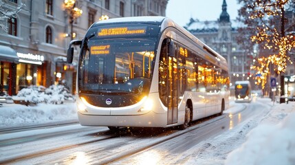 Obraz premium Electric bus on snowy city street at night, festive lights. Transport image