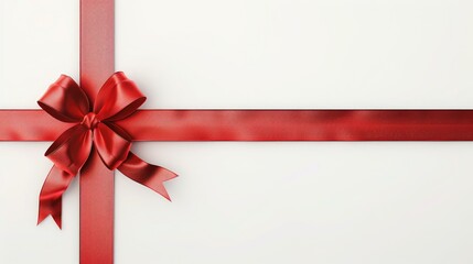 Red silk ribbon bow and cross stripes on white background with copy space