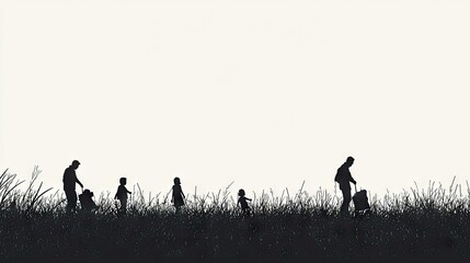 Family silhouettes stroll grassy field, bright sky background. Perfect for family, togetherness, travel themes