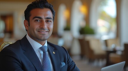 Obraz premium Confident businessman smiling while working on a laptop in a luxurious hotel lobby setting