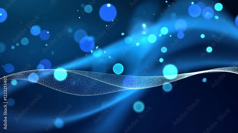 Poster blue wave with many small blue dots. the dots are scattered all over the wave, creating a sense of m