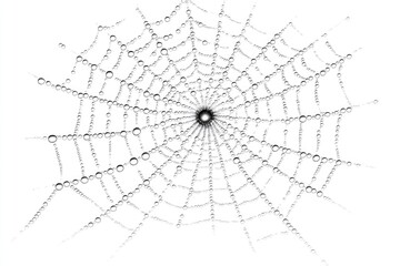 Obraz premium Dew-covered spiderweb, intricate design, glistening droplets, nature's artistry.