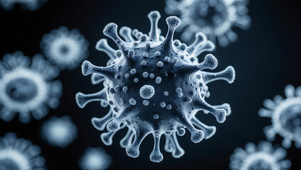 "Intricate Close-Up of Virus Particle with Blue and Red Spike Proteins on Dark Background: AI-Generated Visualization