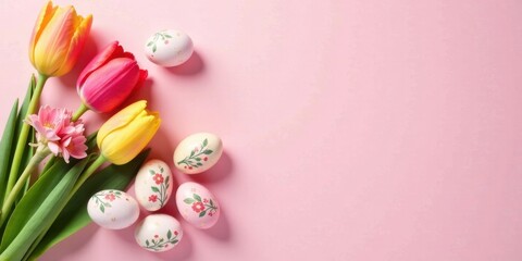 A cheerful spring bouquet of tulips and delicate flowers arranged with pastel-colored eggs on a soft pink background, perfect for seasonal celebrations and festive greetings.