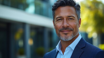 Confident businessman smiling outdoors in a modern urban setting with greenery in the background