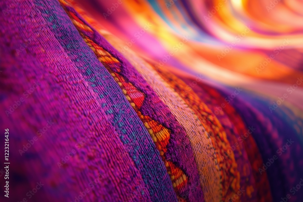 Poster a close-up view of colorful woven fabric featuring vibrant patterns in shades of purple, orange, and