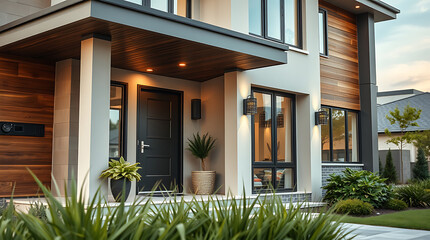 Fototapeta premium Modern Luxury House Exterior: Contemporary Home Design and Architecture. Stunning facade, elegant entrance, and landscaping details. Ideal for real estate and home design inspiration.