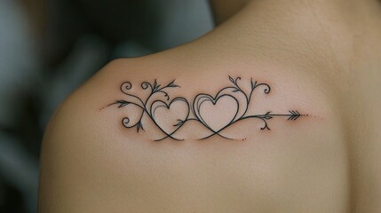 Delicate Intertwined Hearts Tattoo Design on Upper Back with Arrow