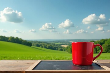 Obraz premium Serene Countryside Vista with a Red Mug Resting on Rustic Wooden Tabletop