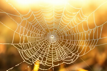 A dew-covered spiderweb glistens in the golden morning light, a beautiful natural artwork.