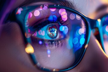 Focused woman in glasses working on laptop at night in dimly lit office environment