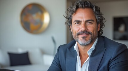 Confident businessman smiling in modern office with stylish decor and abstract art in background