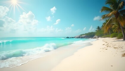 Idyllic tropical beach with crystal clear turquoise water and a bright sun in the sky
