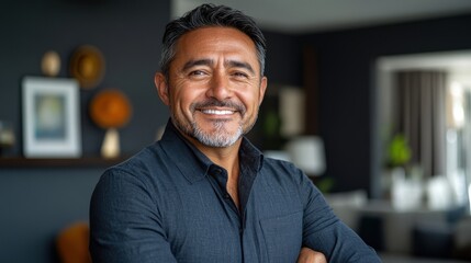 Confident man smiling in a modern living room with stylish decor and bright lighting