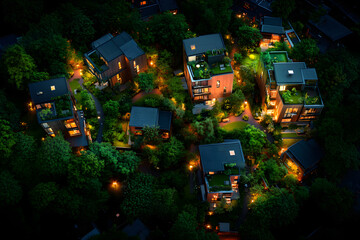 Nachhaltige Wohnsiedlung bei Nacht – Moderne Architektur im Einklang mit der Natur
