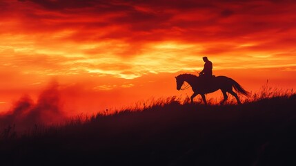A man rides a horse on a hill at sunset.